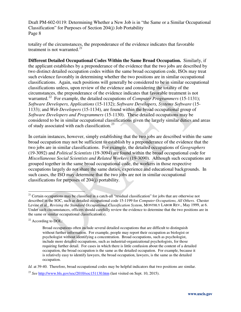 Determining Whether a New Job Is in the Same or a Similar Occupational Classification for Purposes of Section 204(J) Job Portability - Draft Policy Memorandum, Page 8
