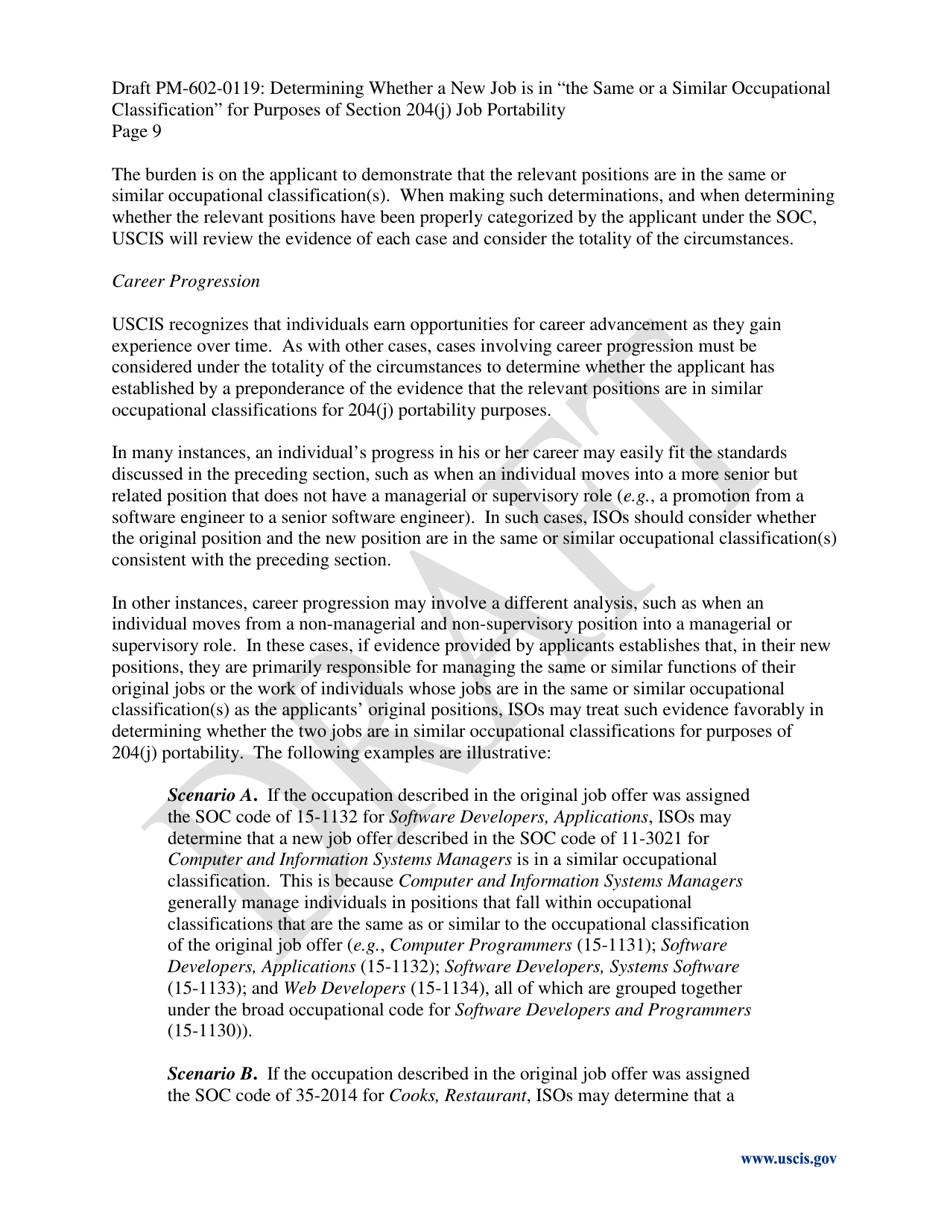 Determining Whether a New Job Is in the Same or a Similar Occupational Classification for Purposes of Section 204(J) Job Portability - Draft Policy Memorandum, Page 9