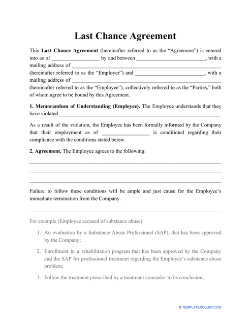 "Last Chance Agreement Template" Download Pdf