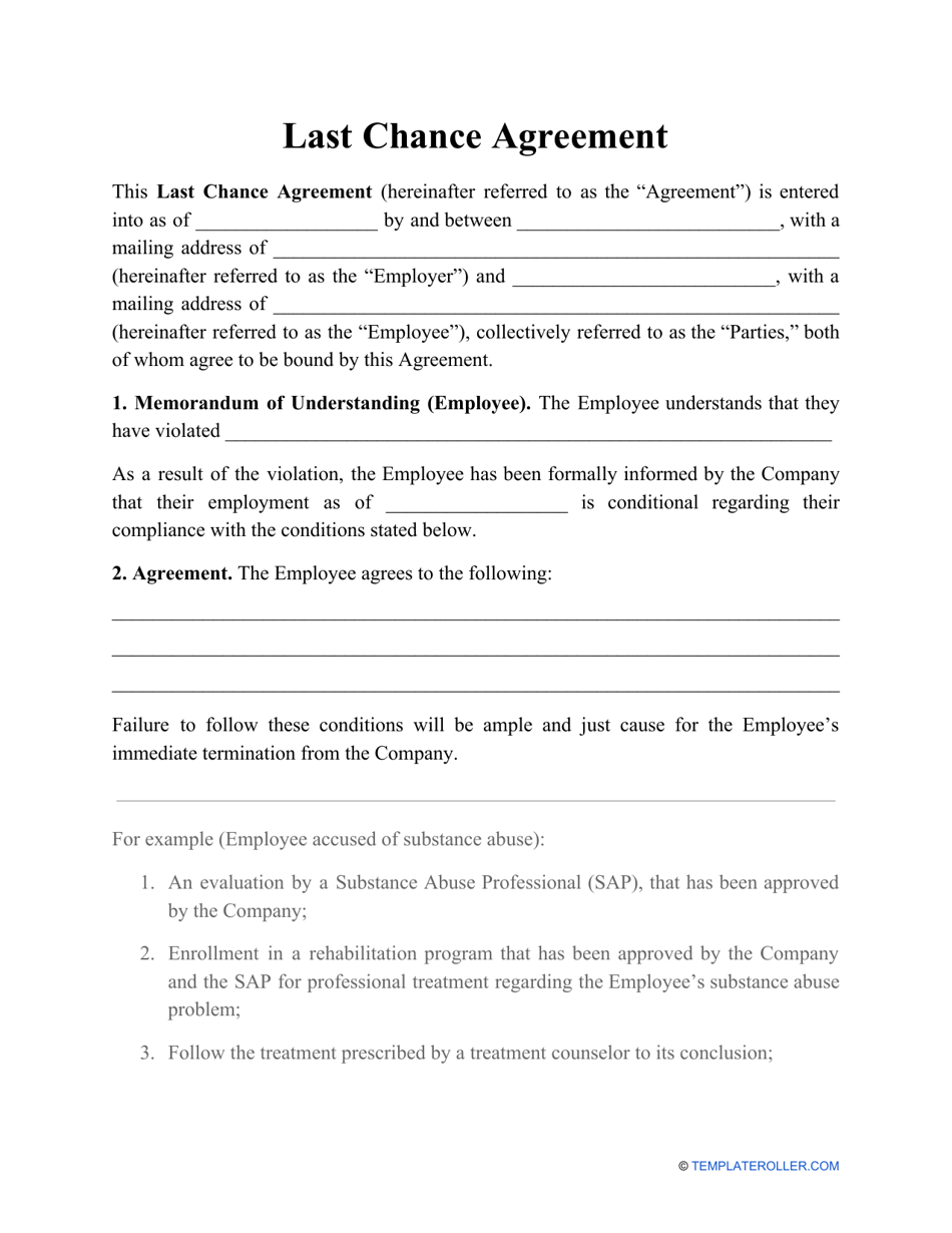 Last Chance Agreement Template, Page 1