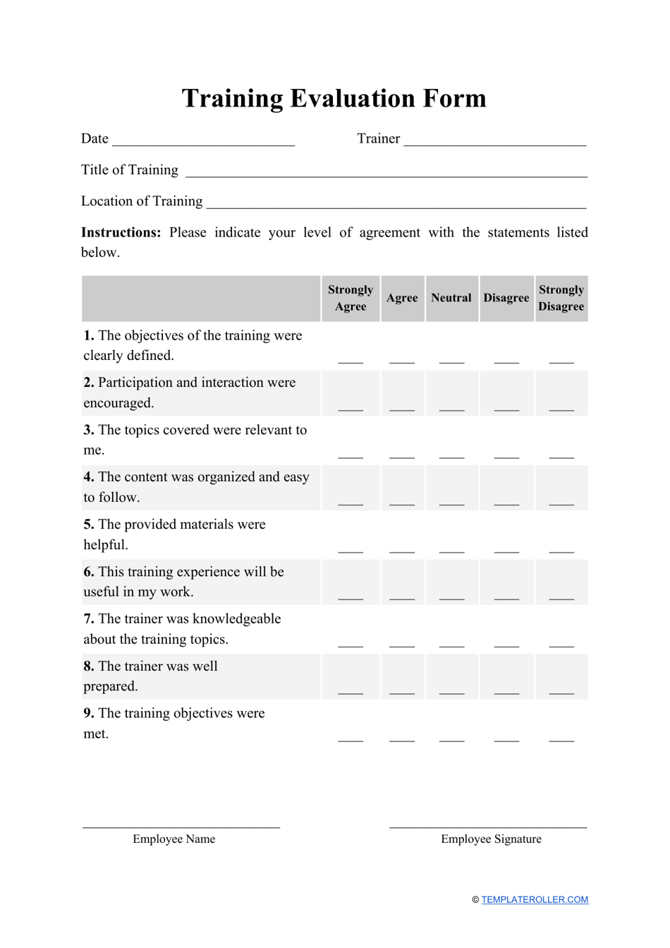 Training Evaluation Form, Page 1