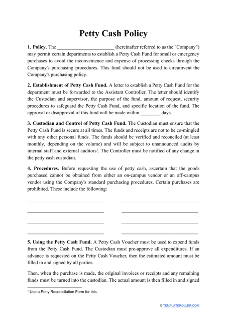 &quot;Petty Cash Policy Template&quot; Download Pdf
