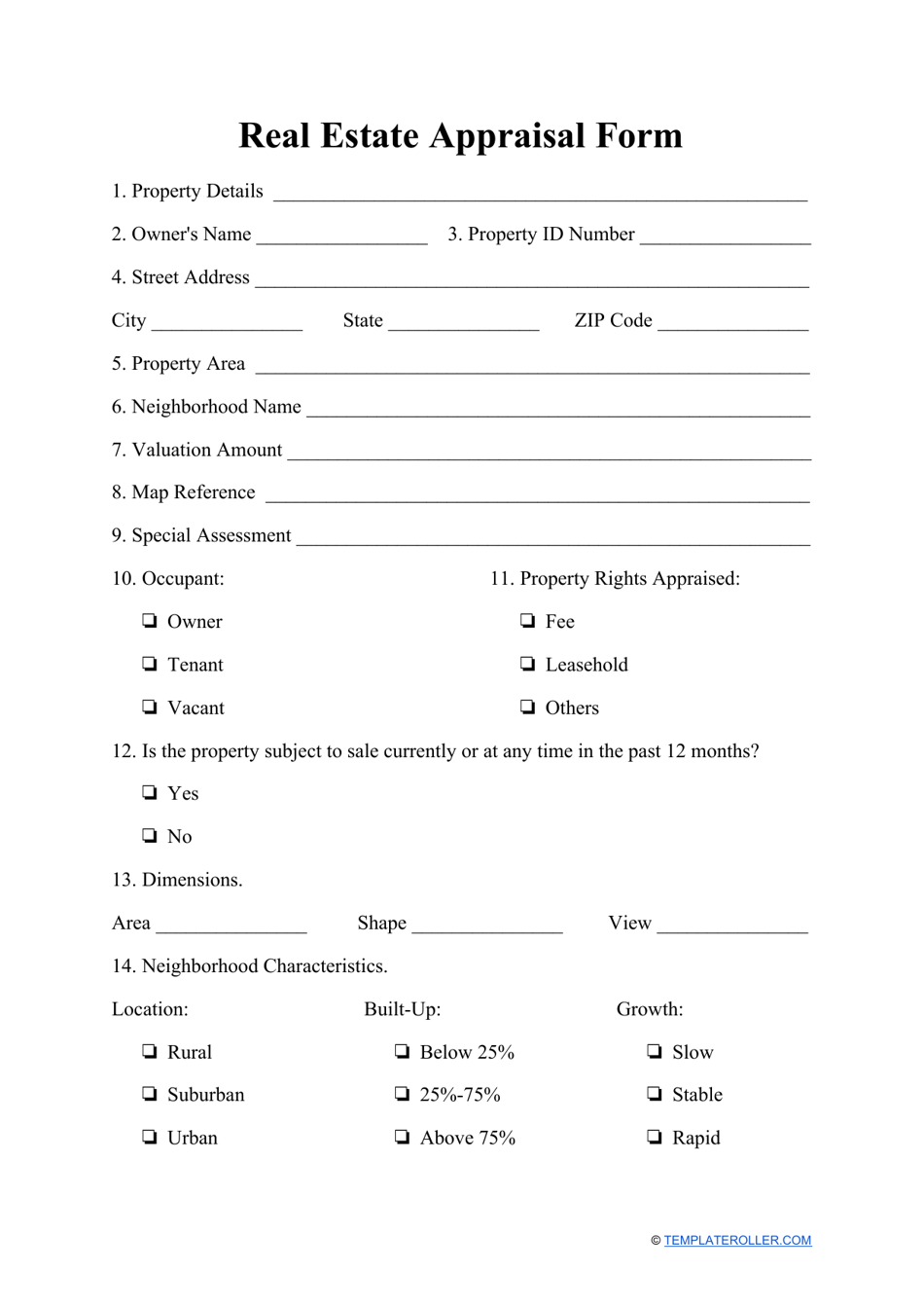 Real Estate Appraisal Form, Page 1