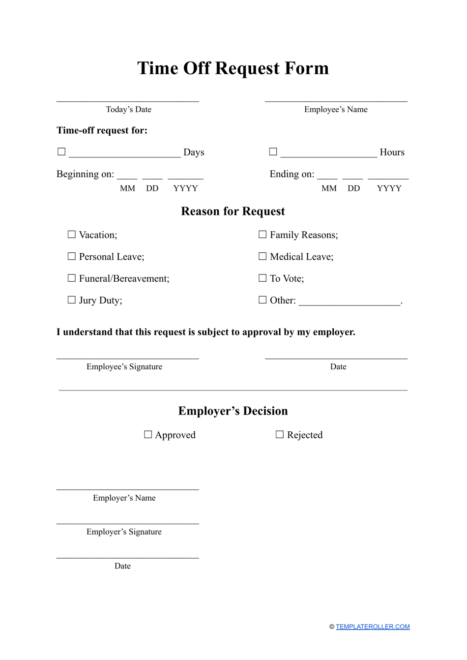 Time Off Request Form Template Printable