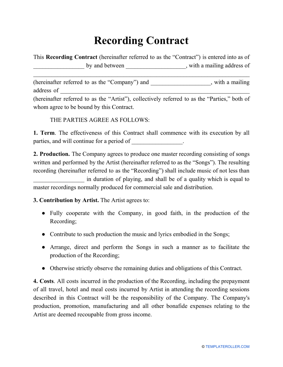Recording Contract Template, Page 1