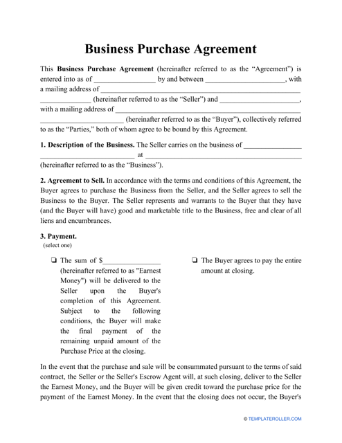 &quot;Business Purchase Agreement Template&quot; Download Pdf