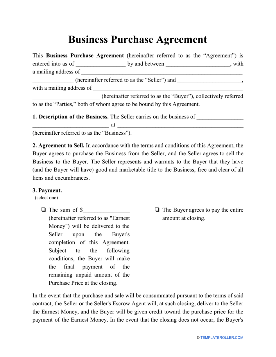 Business Purchase Agreement Template, Page 1