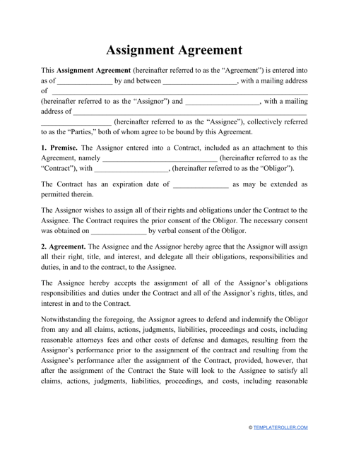 "Assignment Agreement Template" Download Pdf