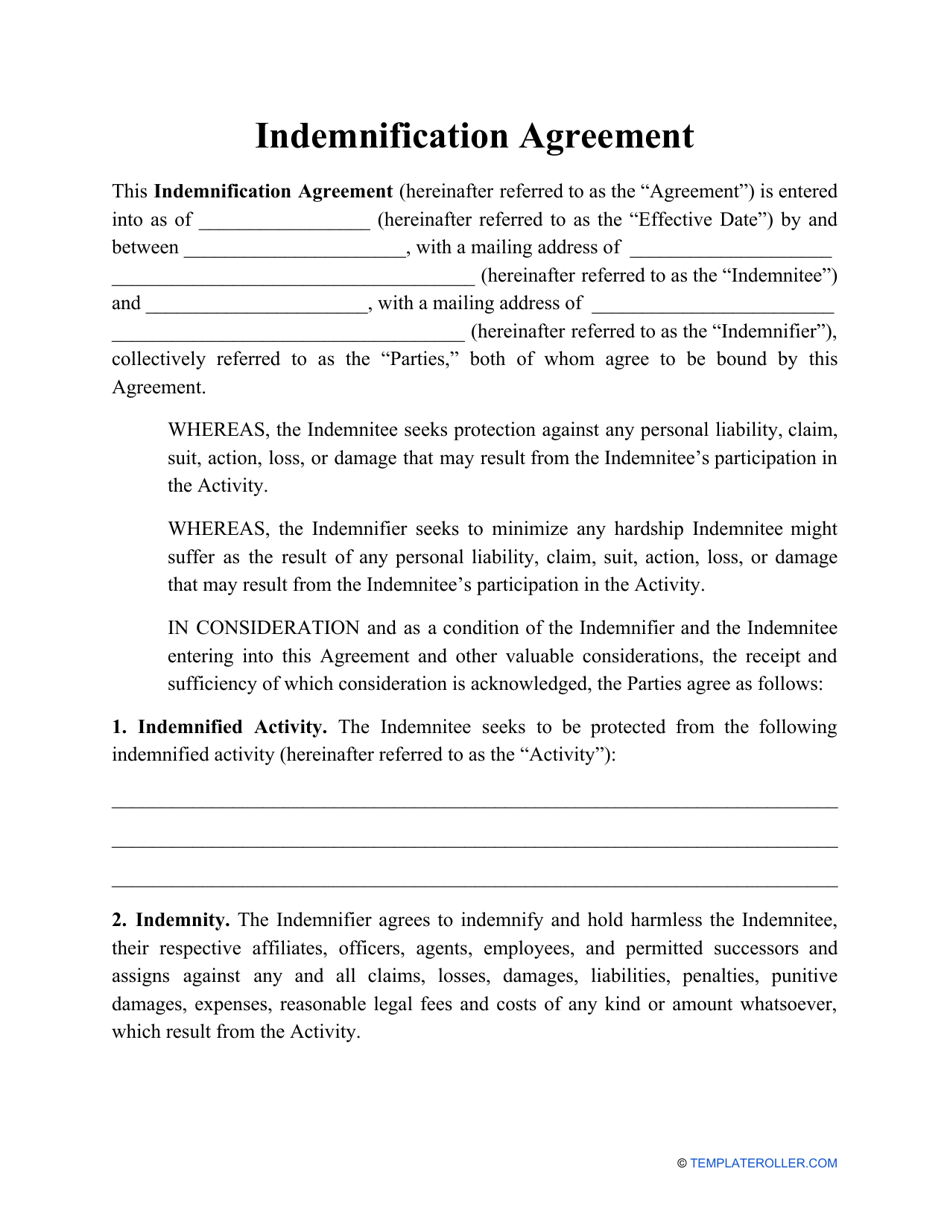 Indemnification Agreement Template Download Printable PDF Intended For risk sharing agreement template