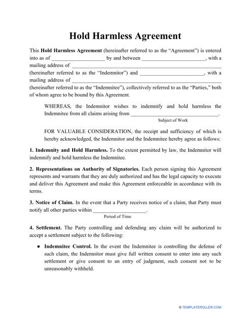 Hold Harmless Agreement Template Download Pdf