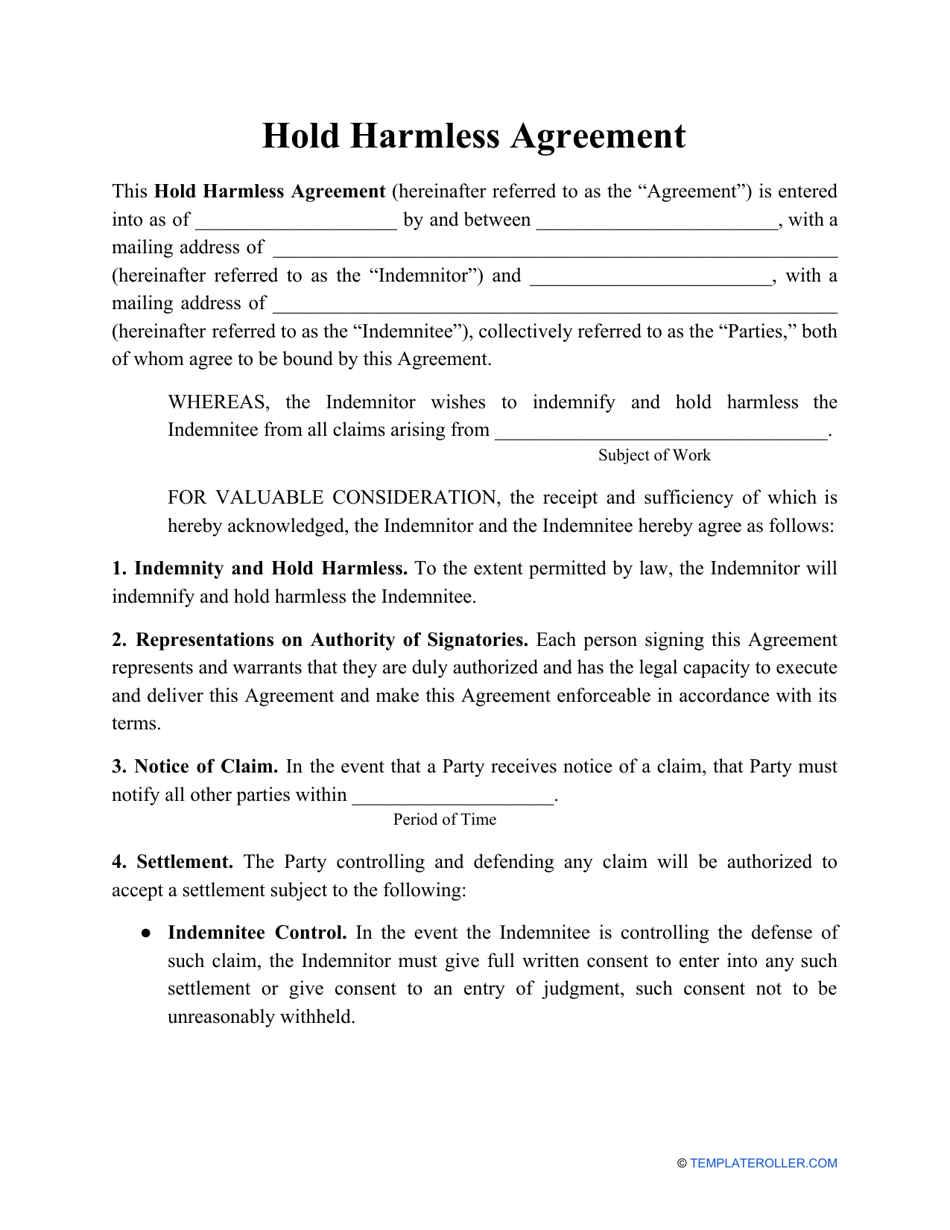 Hold Harmless Agreement Template, Page 1