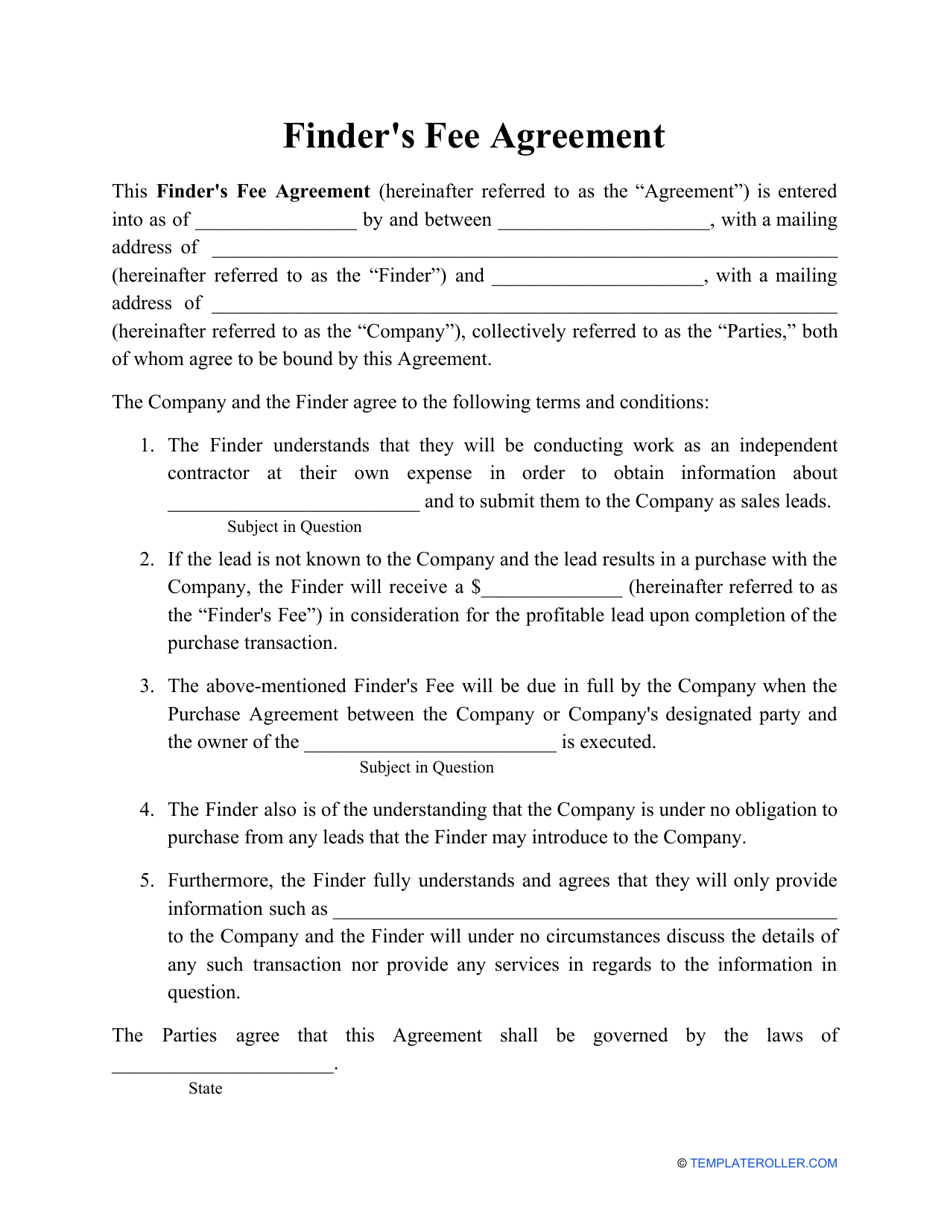 Finder's Fee Agreement Template Download Printable PDF ...