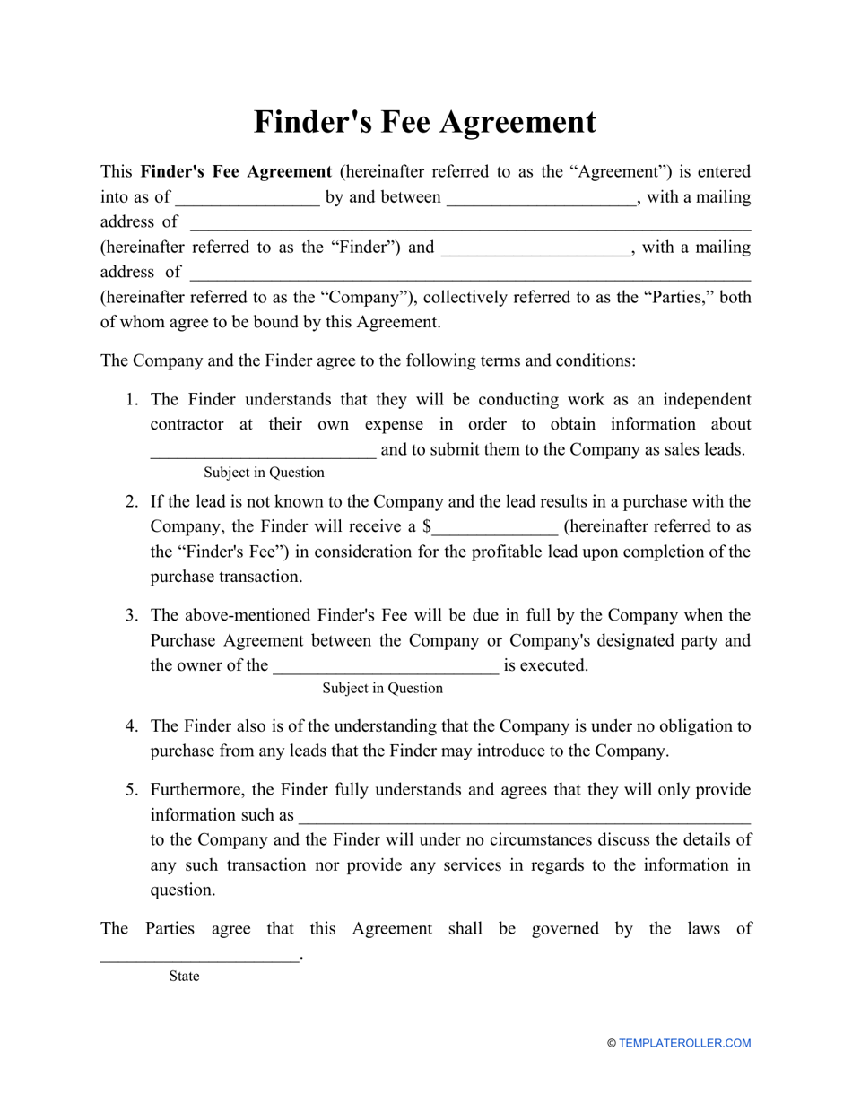 Finder's Fee Agreement Template, Page 1