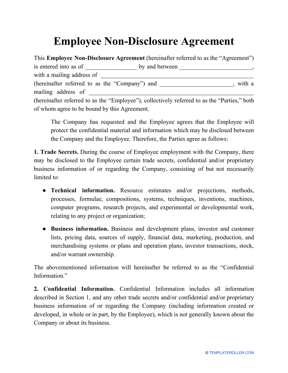 Employee Non-disclosure Agreement Template, Page 1