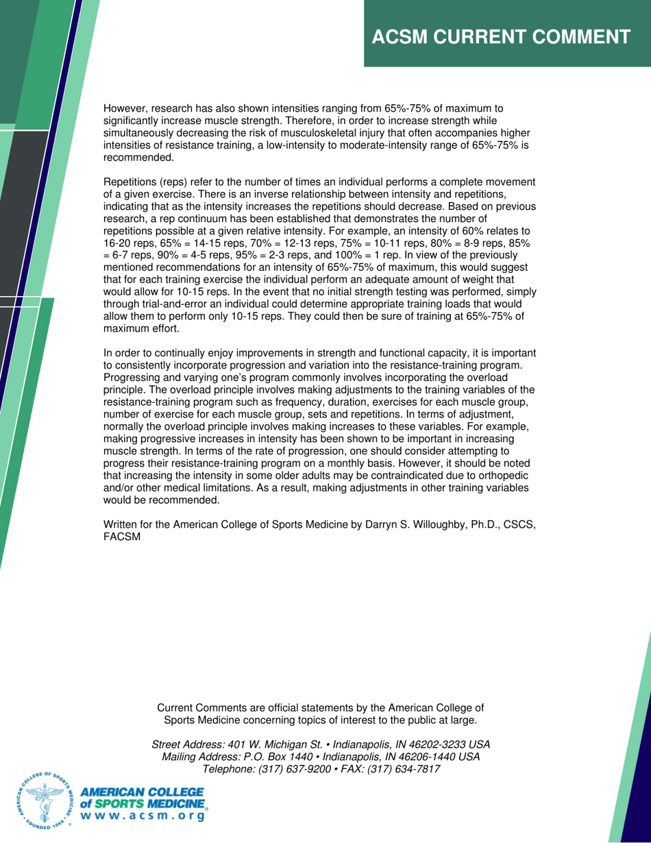 Acsm Current Comment: Resistance Training and the Older Adult - American College of Sports Medicine, Page 3