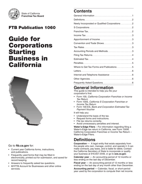Ftb Publication 1060 - Guide for Corporations Starting Business in California - California Download Pdf