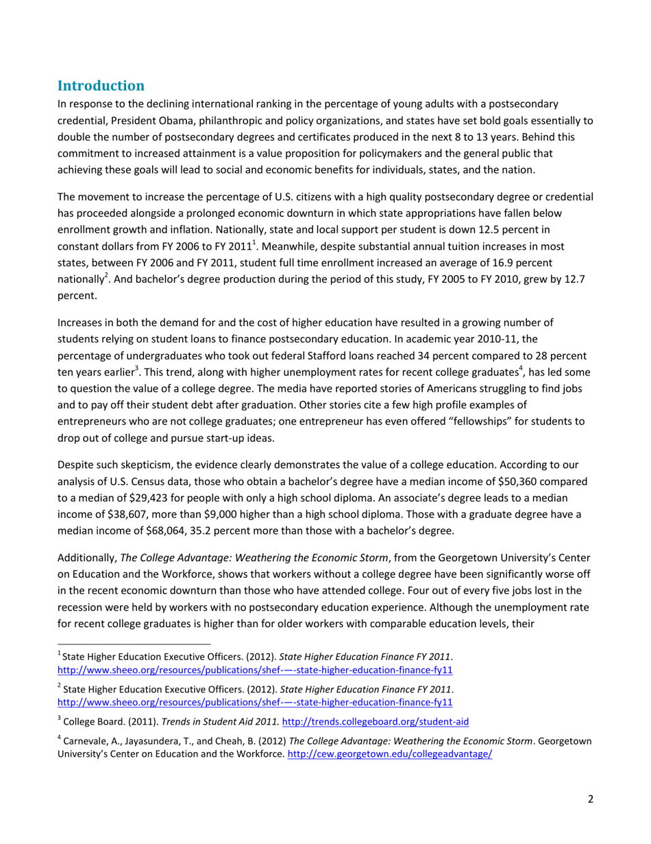 The Economic Benefit of Postsecondary Degrees: a State and National Level Analysis - State Higher Education Executive Officers, Page 2