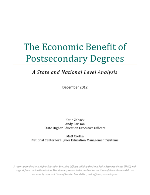 The Economic Benefit of Postsecondary Degrees: a State and National Level Analysis - State Higher Education Executive Officers