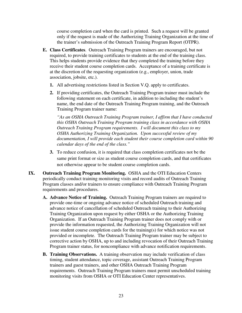 Outreach Training Program Requirements, Page 27