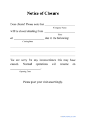 Document preview: Notice of Closure Template