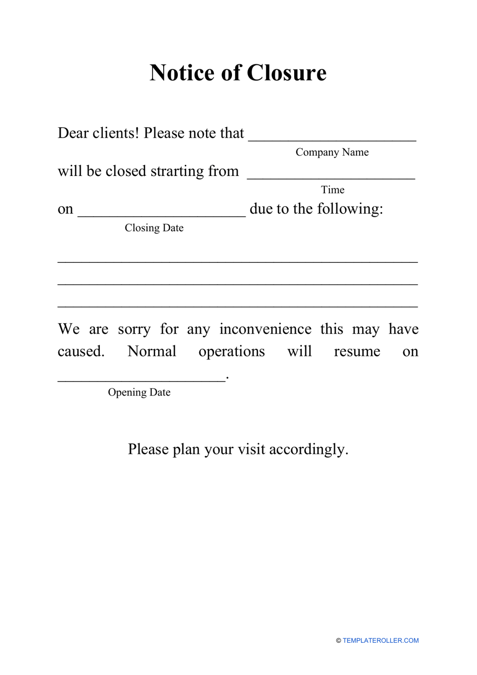 Notice of Closure Template Download Printable PDF  Templateroller For Business Closed Sign Template