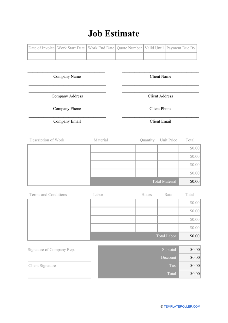 Job Estimate Template Download Printable PDF | Templateroller