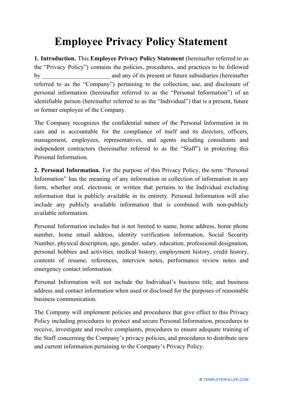 Employee Privacy Policy Template Fill Out Sign Online And Download