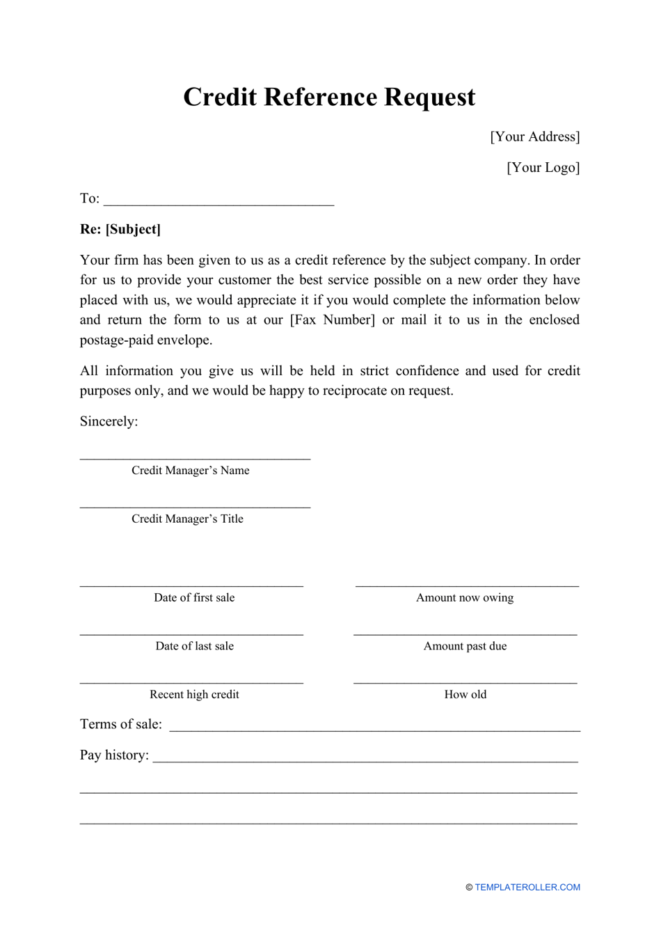 Credit Reference Request Form, Page 1