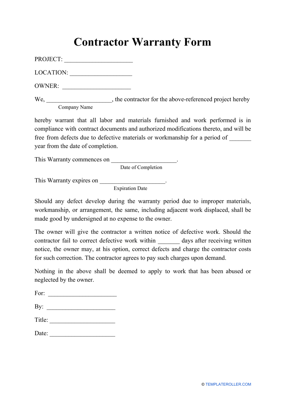 Contractor Warranty Form Download Printable PDF