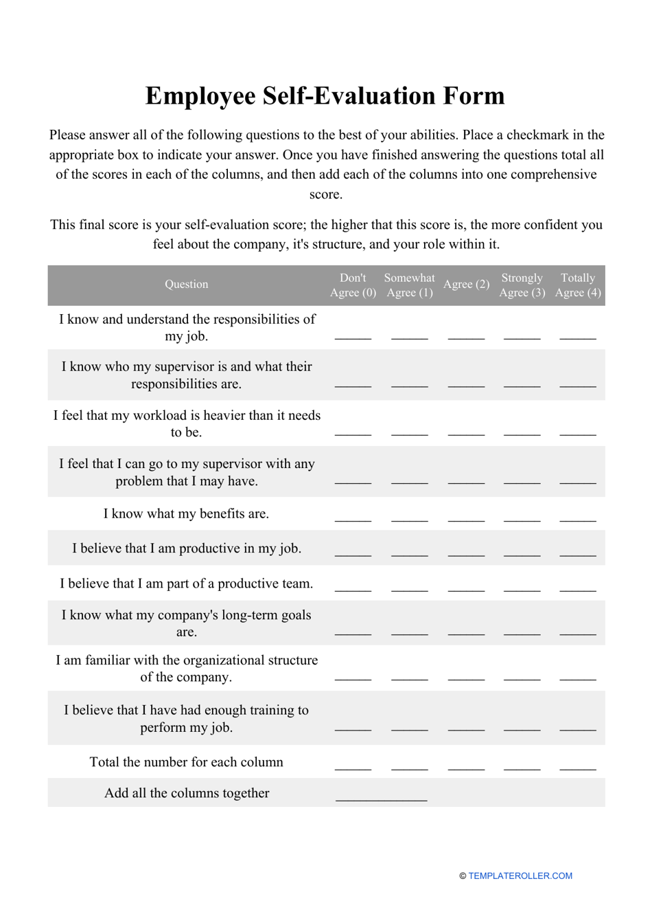 Employee Self Evaluation Form Download Printable PDF | Templateroller