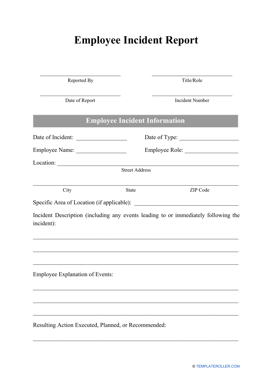 Employee Incident Report Form Download Printable PDF  Templateroller