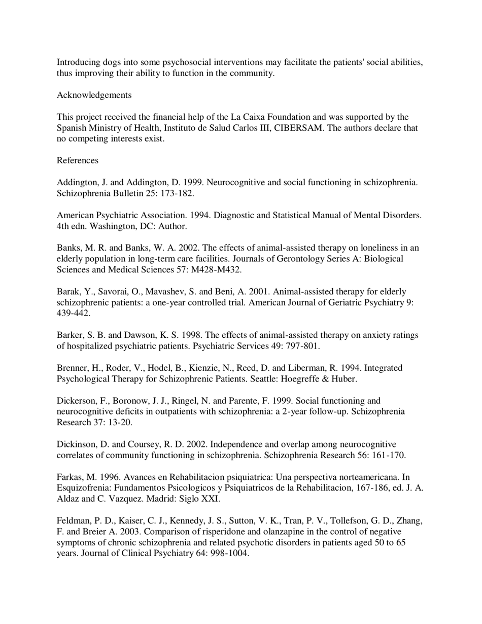 Dog-Assisted Therapy in the Treatment of Chronic Schizophrenia Inpatients - Victoria Villalta-Gil, Mercedes Roca, Nieves Gonzalez, Eva Domenec, Cuca, Ana Escanilla, M. Rosa Asensio, M. Elisa Esteban, Susana Ochoa, Josep Maria Haro. Anthrozoos, Page 7