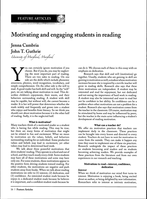 Motivating and Engaging Students in Reading - Jenna Cambria, John T. Guthrie - the Nera Journal - Maryland