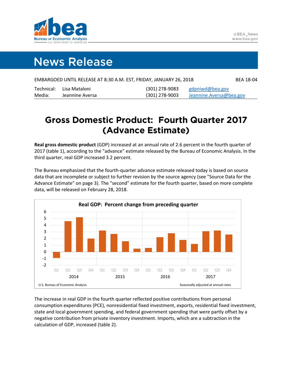 Form BEA18-04 Gross Domestic Product: Fourth Quarter 2017 (Advance Estimate) News Release, Page 1