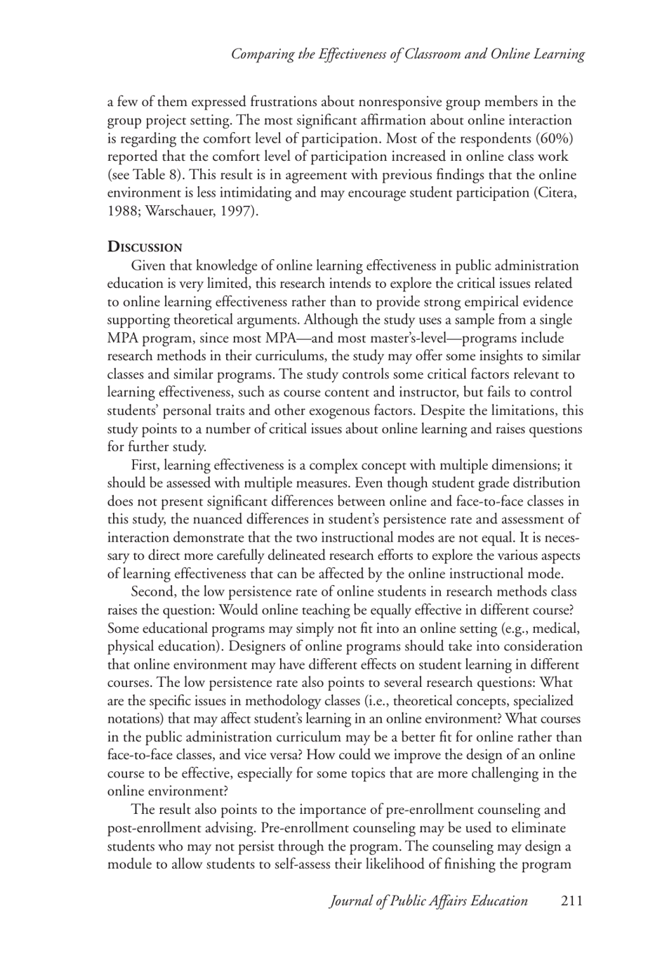 Comparing the Effectiveness of Classroom and Online Learning: Teaching Research Methods - Anna Ya Ni, Journal of Public Affairs Education, Page 13