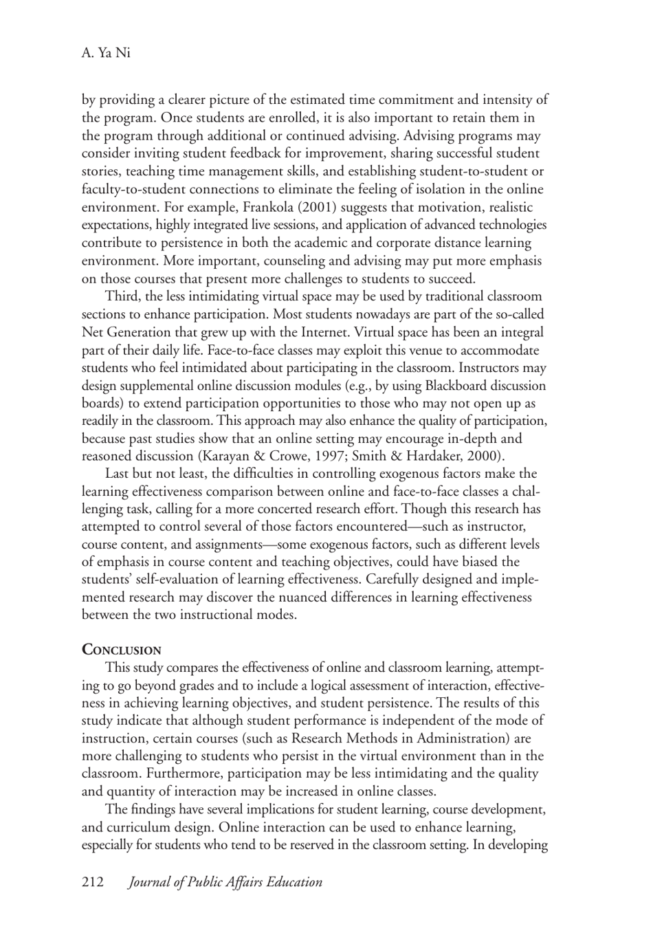 Comparing the Effectiveness of Classroom and Online Learning: Teaching Research Methods - Anna Ya Ni, Journal of Public Affairs Education, Page 14