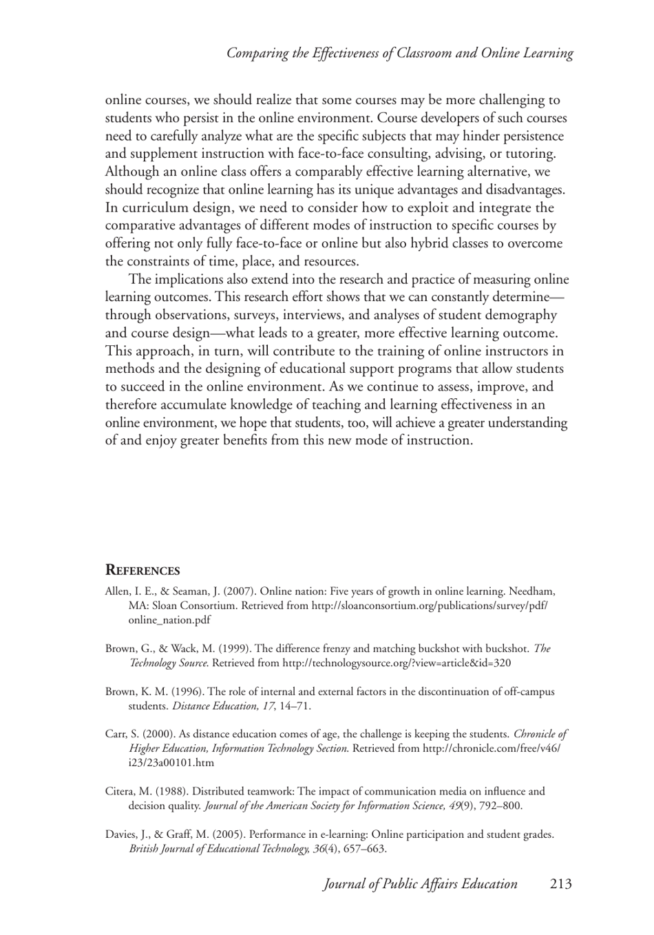 Comparing the Effectiveness of Classroom and Online Learning: Teaching Research Methods - Anna Ya Ni, Journal of Public Affairs Education, Page 15