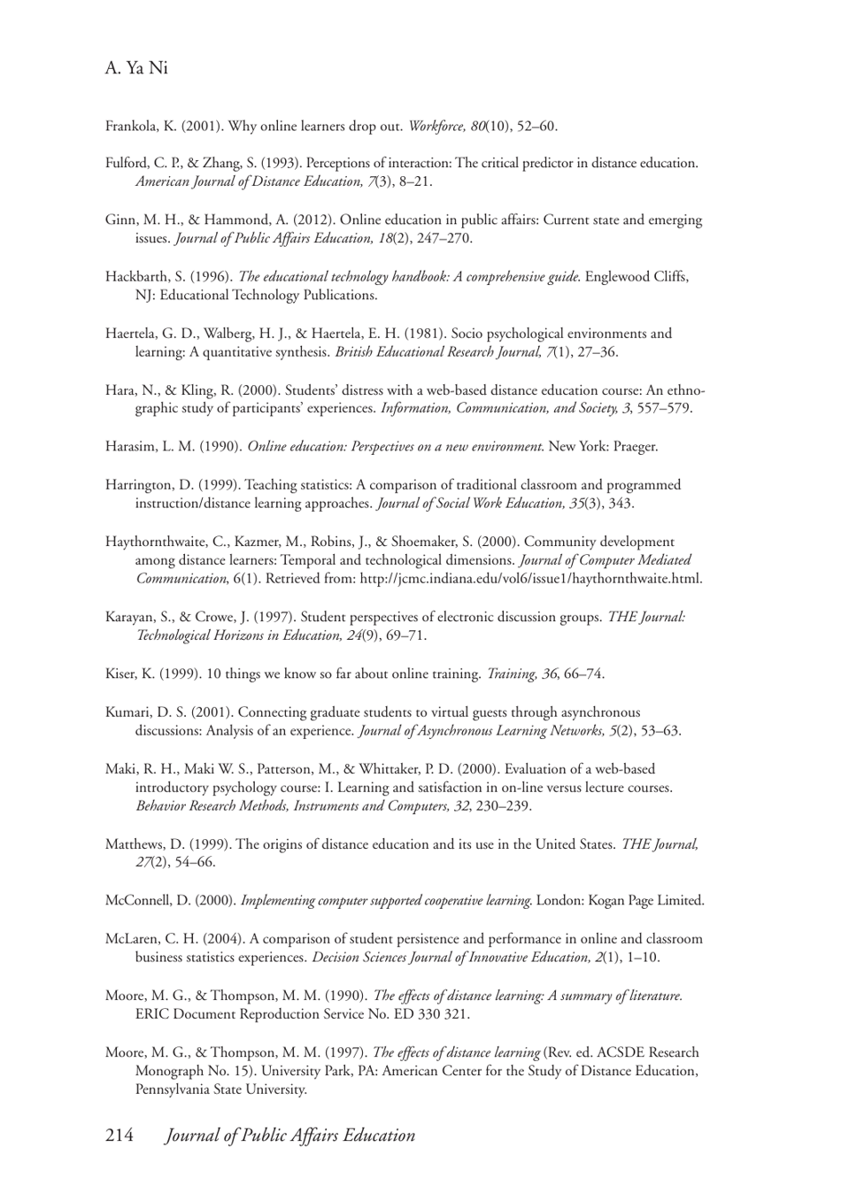 Comparing the Effectiveness of Classroom and Online Learning: Teaching Research Methods - Anna Ya Ni, Journal of Public Affairs Education, Page 16