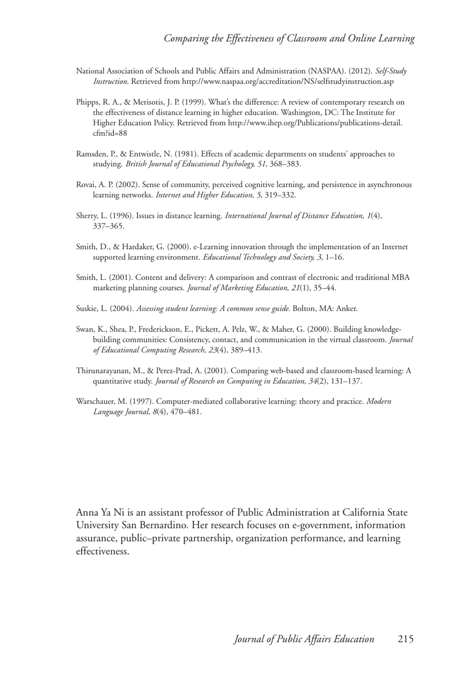 Comparing the Effectiveness of Classroom and Online Learning: Teaching Research Methods - Anna Ya Ni, Journal of Public Affairs Education, Page 17