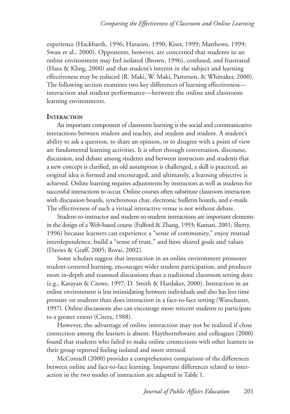 Comparing the Effectiveness of Classroom and Online Learning: Teaching Research Methods - Anna Ya Ni, Journal of Public Affairs Education, Page 3