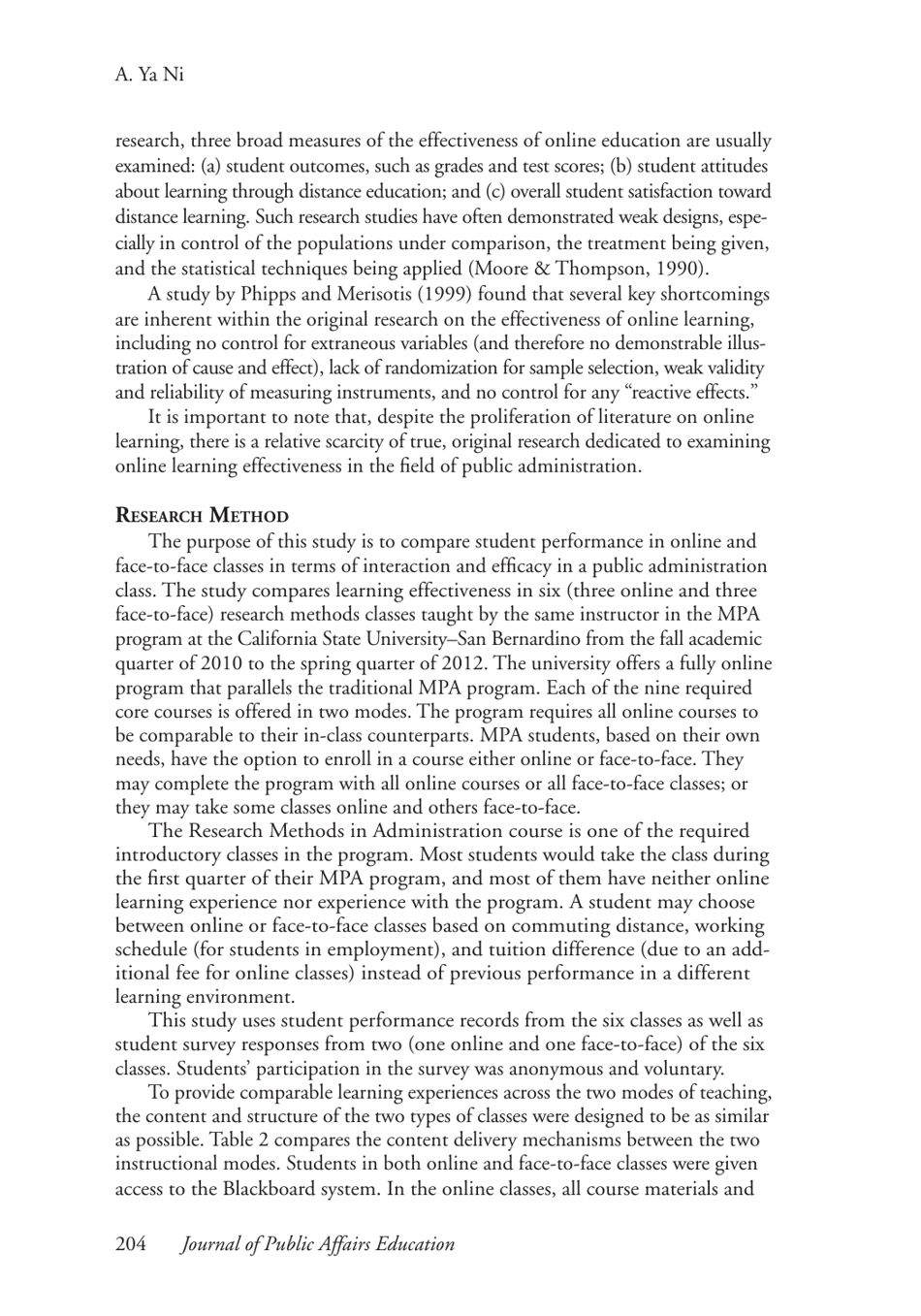 Comparing the Effectiveness of Classroom and Online Learning: Teaching Research Methods - Anna Ya Ni, Journal of Public Affairs Education, Page 6