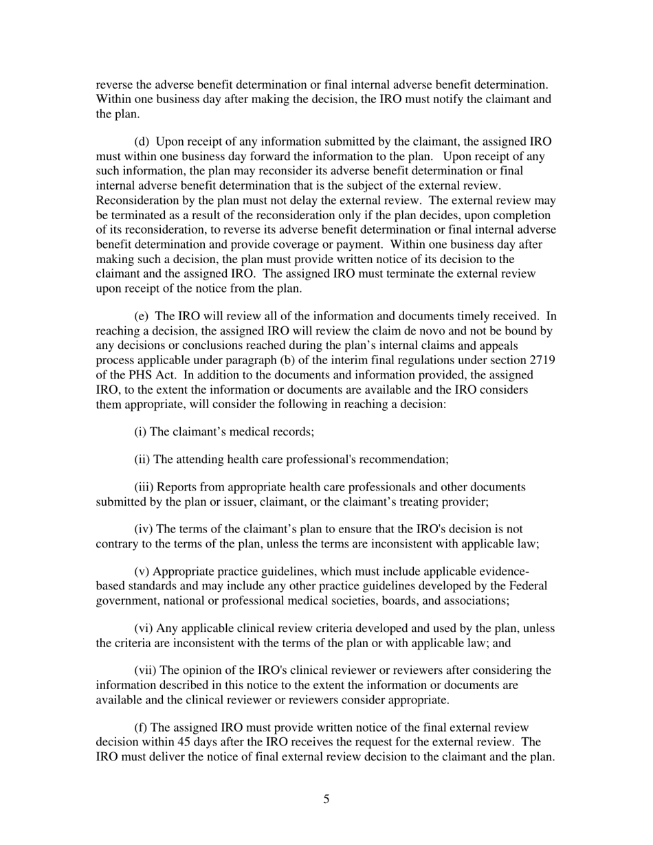 Technical Release 2010-01: Interim Procedures for Federal External Review Relating to Internal Claims and Appeals and External Review Under the Patient Protection and Affordable Care Act, Page 5