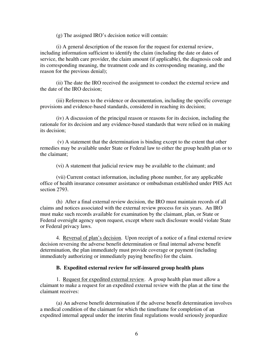 Technical Release 2010-01: Interim Procedures for Federal External Review Relating to Internal Claims and Appeals and External Review Under the Patient Protection and Affordable Care Act, Page 6