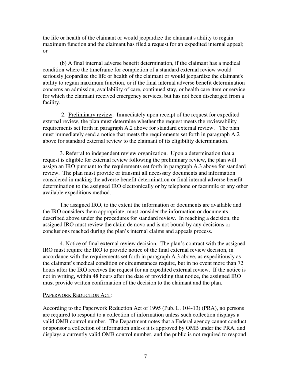 Technical Release 2010-01: Interim Procedures for Federal External Review Relating to Internal Claims and Appeals and External Review Under the Patient Protection and Affordable Care Act, Page 7