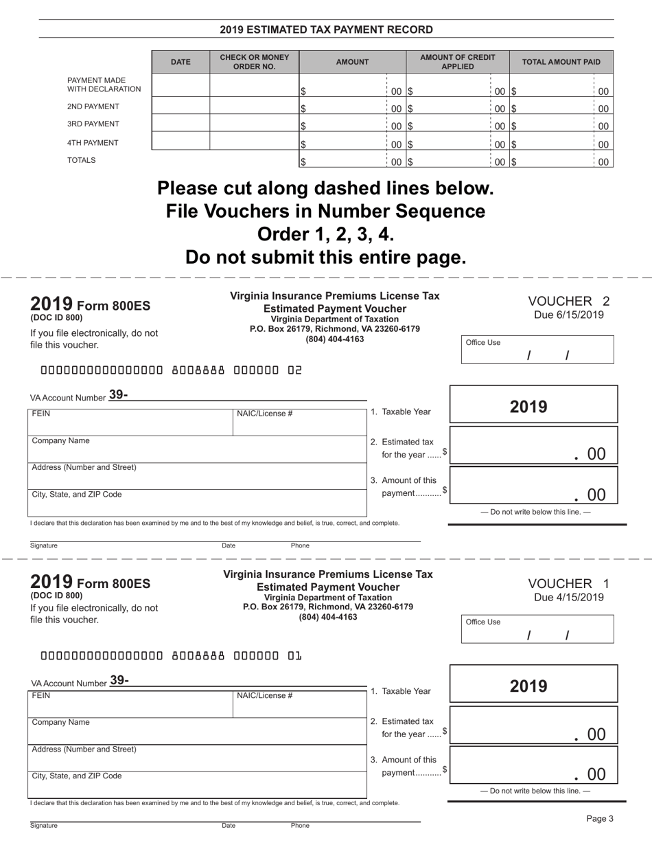 Form 800ES Insurance Premiums License Tax Estimated Tax Payment Vouchers - Virginia, Page 3