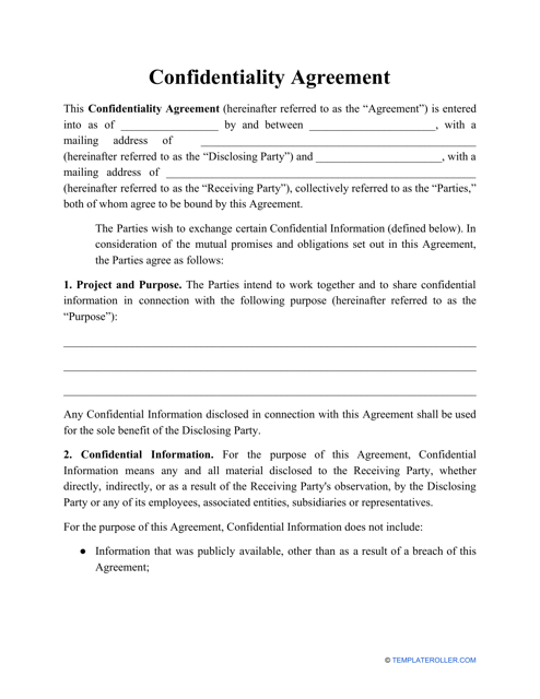 Confidentiality Agreement Template Download Pdf