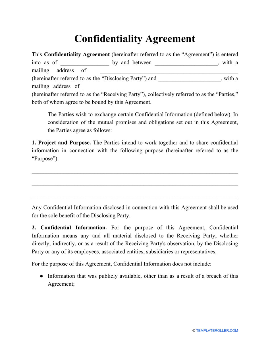 Confidentiality Agreement Template Download Printable PDF Templateroller