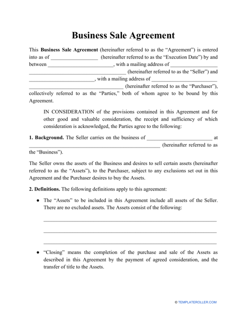 "Business Sale Agreement Template" Download Pdf