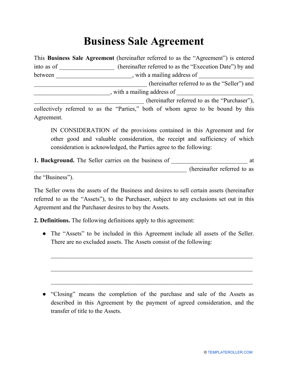 Business Sale Agreement Template Fill Out, Sign Online and Download