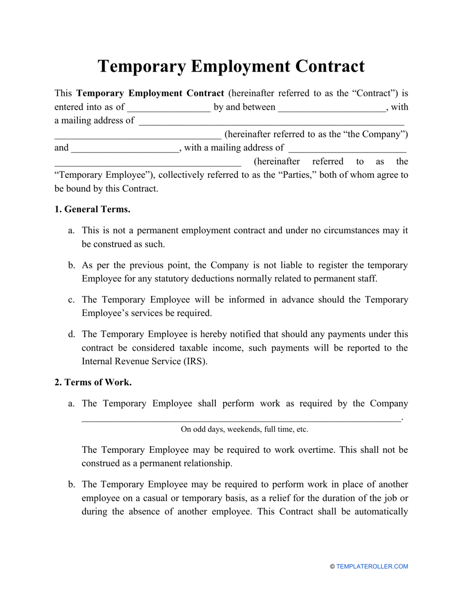 Temporary Employment Contract Template Download Printable Pdf Templateroller